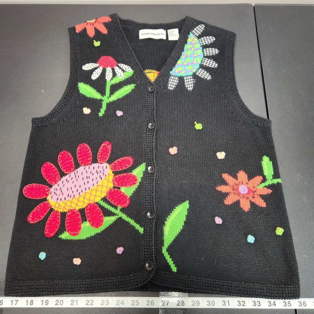 Vtg‎ Sharon Young Sweater Vest M Cardigan Black Knit Flower Beads Butterfly